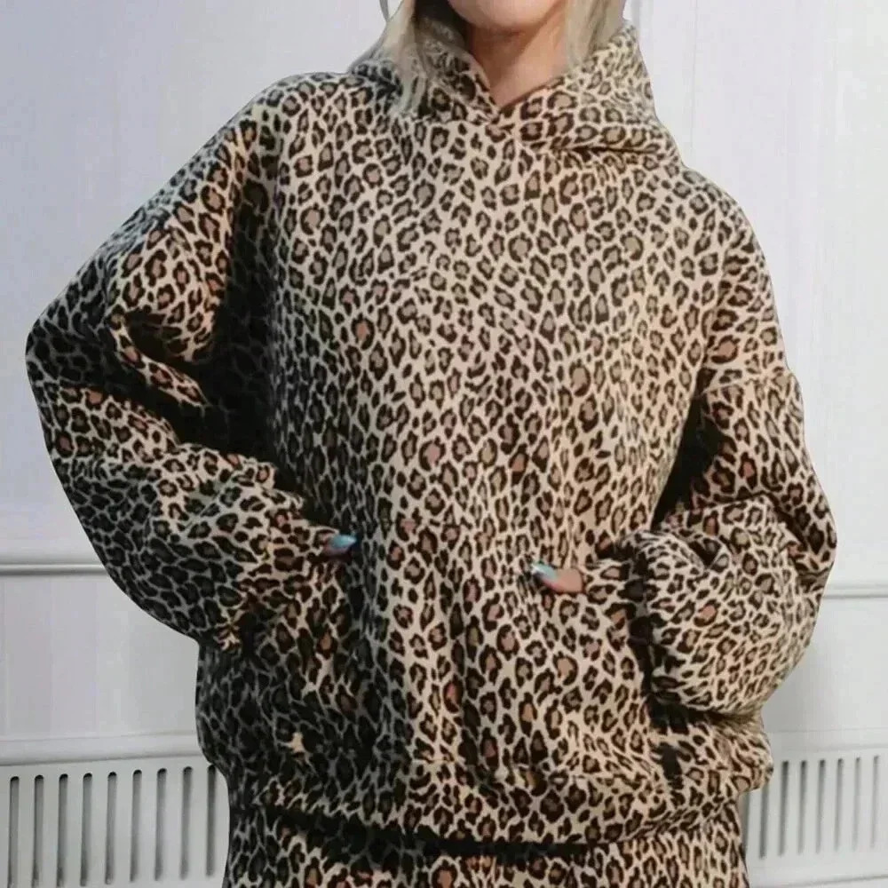 Multicolor Casual Women's Leopard Print Thermal Lined Streetwear Hoodie